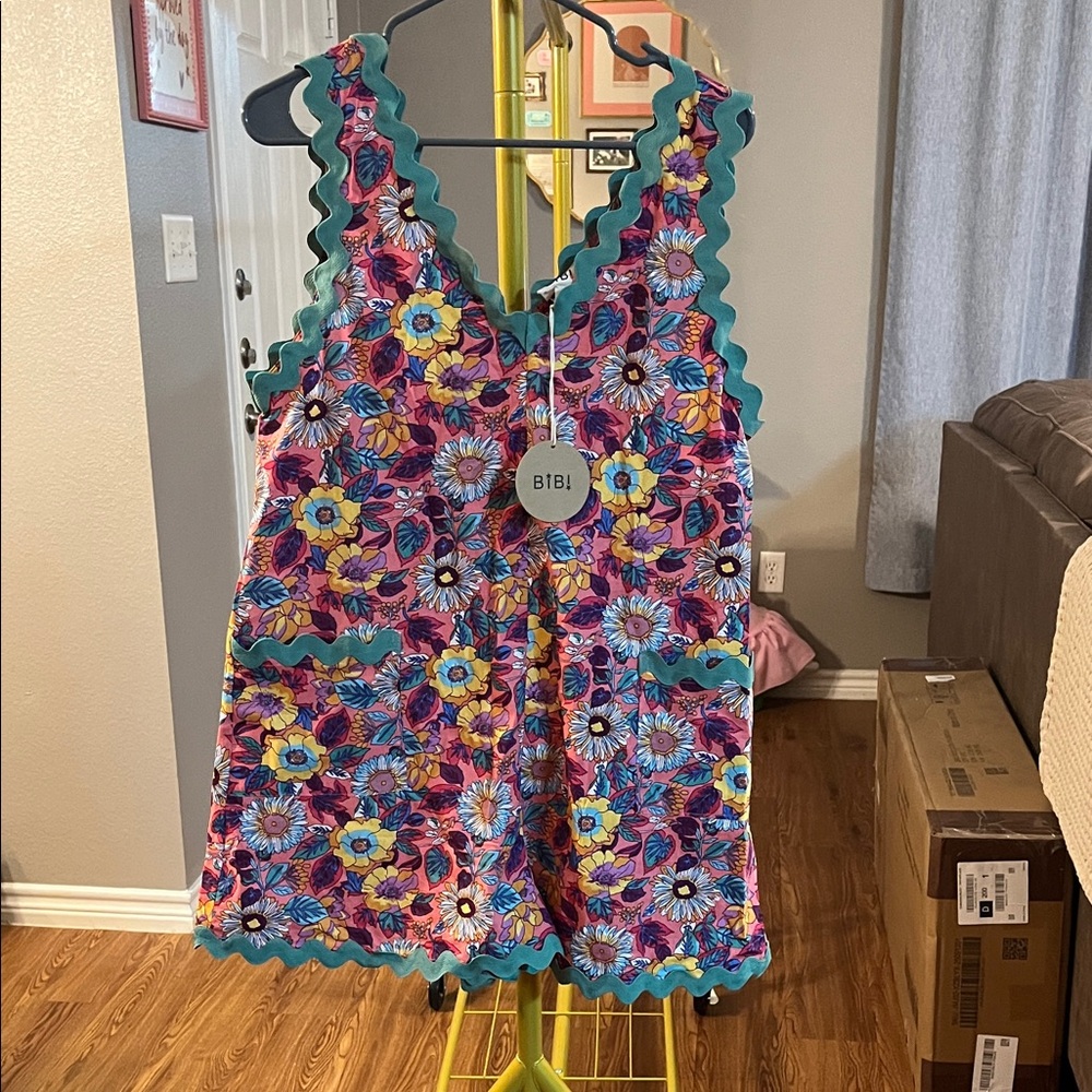 BiBi Multicolor Floral Romper with Teal Scalloped Trim
